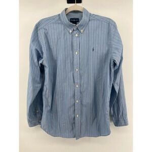 Ralph Lauren Boys Blue White Striped Button Down Shirt XL 18-20 Cotton Pony Logo